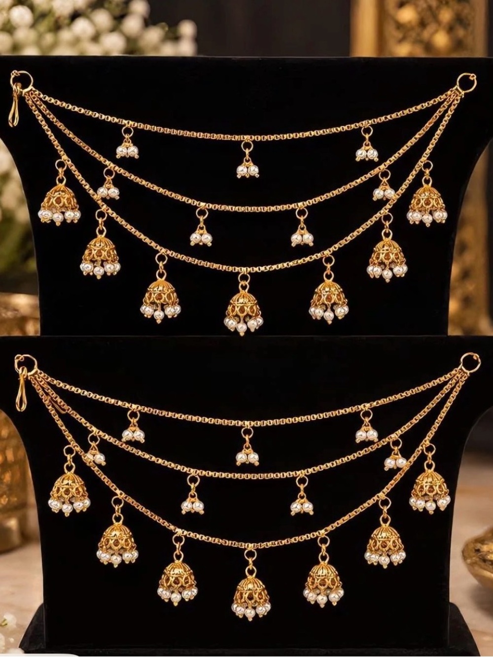 Gold Pearl Jhumka Chain earrings Belt - Traditional Women Jewelry